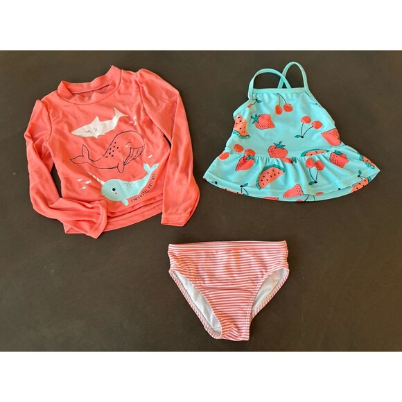 Girls Long Sleeve 3 Pc Bikini Rash Guard Tankini Swimsuit fruit fish size 3T - Picture 1 of 10